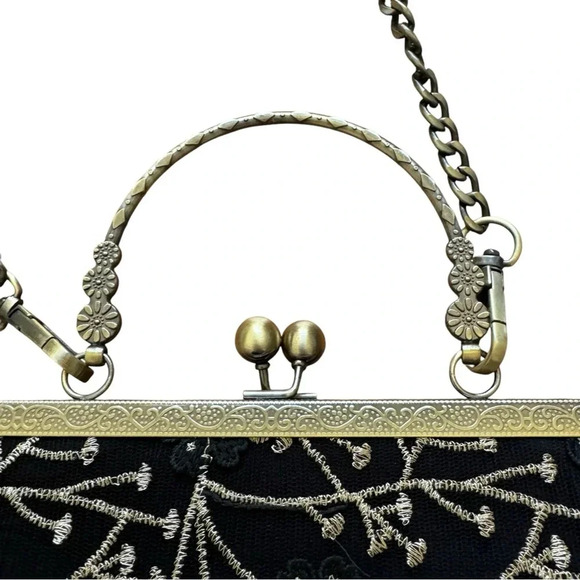 Evening Floral Top Handle Shoulder Handbag Black Gold Chain Vintage Look - Picture 4 of 11
